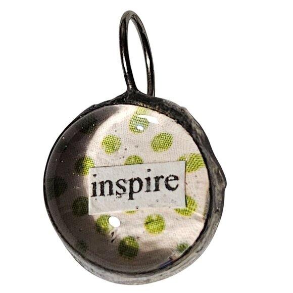 Handcrafted Pendant Green Polka Dot Fabric Inspire Text Glass Dome Silver Tone - Picture 1 of 4